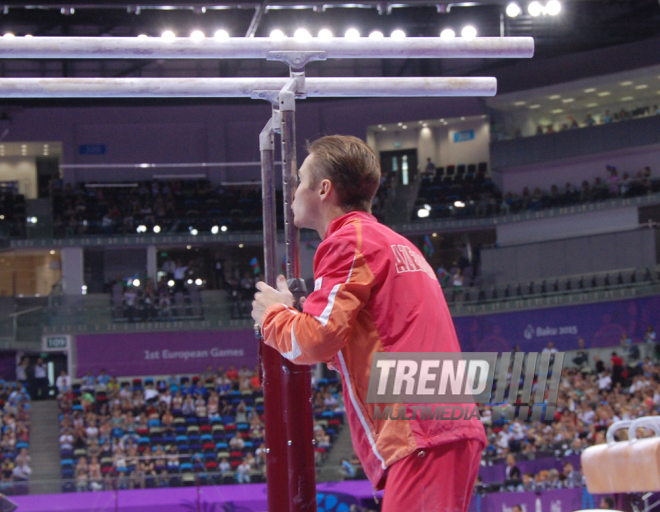 Azərbaycan gimnastı Oleq Stepko Avropa Oyunlarında paralel qollarda hərəkətlərdə qızıl medal qazandı. Bakı, Azərbaycan, 20 iyun 2015